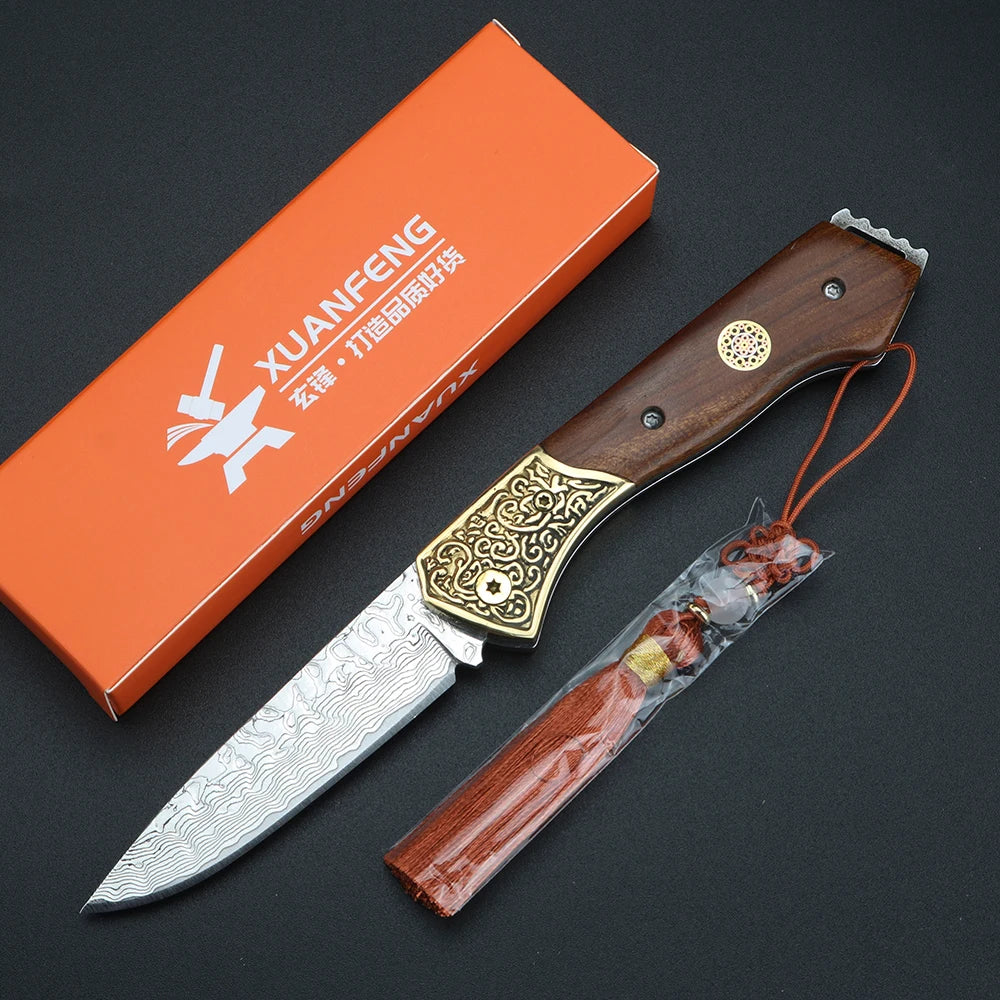 XUANTENG Brass Damascus steel folding knife, high hardness outdoor pocket knife, sharp fruit knife