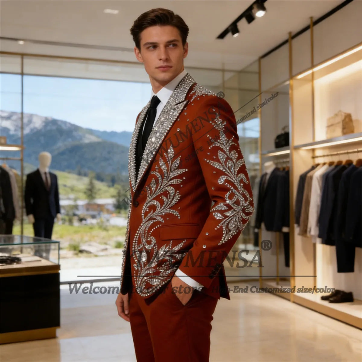 Luxury beaded crystal men's suit set with blazer and tuxedo pants, featuring sequins and tailored fit for weddings or parties.