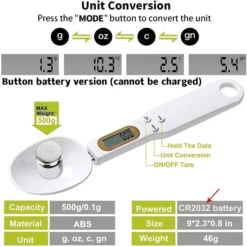 Mini Spoon Scale Digital Kitchen Scale Electronic LCD Food Scale 0.1-500g Cooking Flour Milk Coffee Powder Weight Measure Spoon - Acros