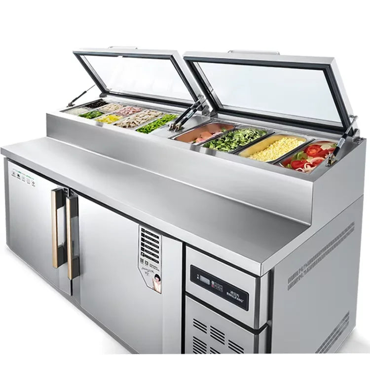 Ansoff stainless steel under counter freezer with two doors, commercial kitchen worktop and air-cooling refrigeration system.