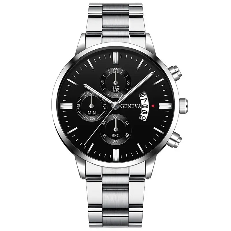 Luxury silver stainless steel men's wristwatch by Ansoff with quartz movement, calendar display, ideal for business and formal wear.