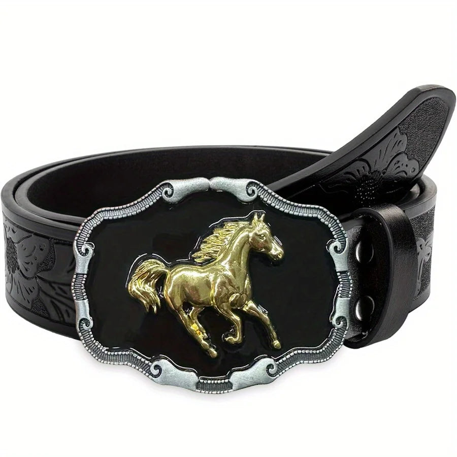 Western men's denim belt by Ansoff with a wild horse buckle, retro style, unisex design, perfect for jeans and casual outfits.