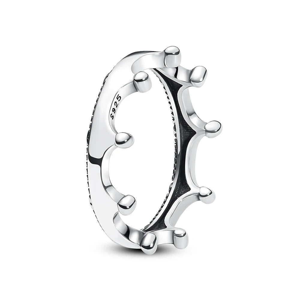 Sterling silver women's ring with crown, love heart, wishbone, and rose gold crystal accents from Ansoff jewelry.