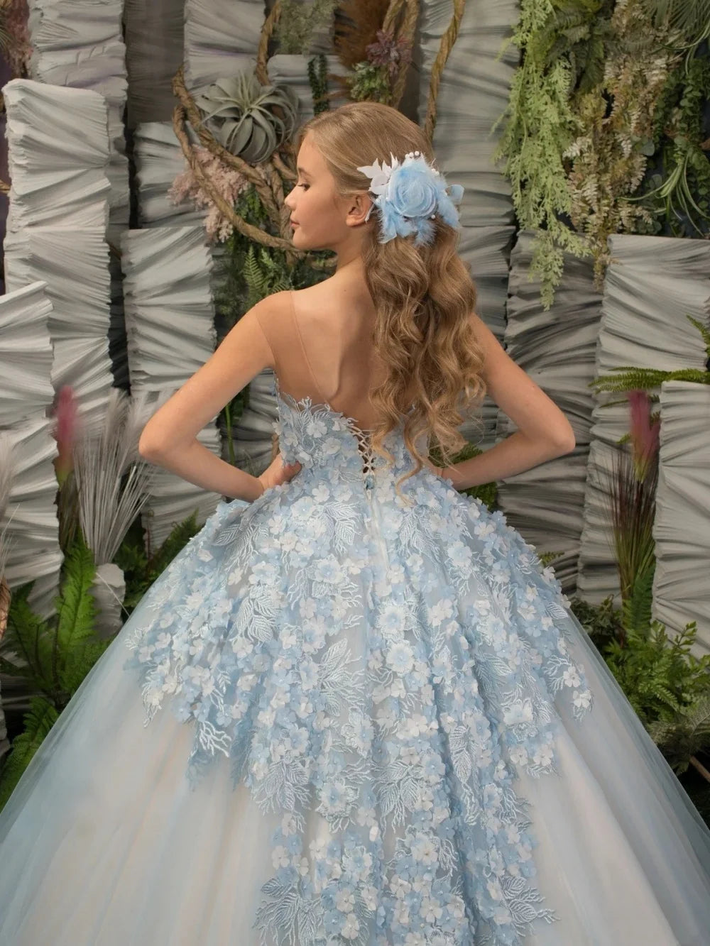 Light Blue Shimmering 3D Floral Princess Gown For Girls Birthday Party Classic Elegant Oneck Sleeveless Kids Dresses 2-14Y