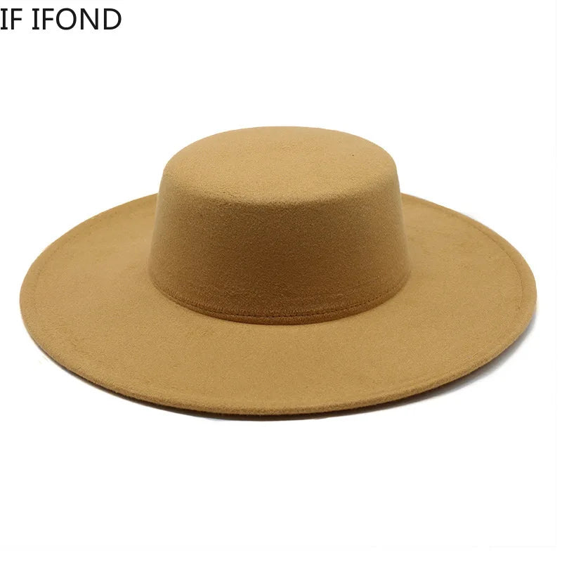 Ansoff women's wide brim wool fedora hat with a flat top, 10cm brim, suitable for winter, wedding or jazz fashion.