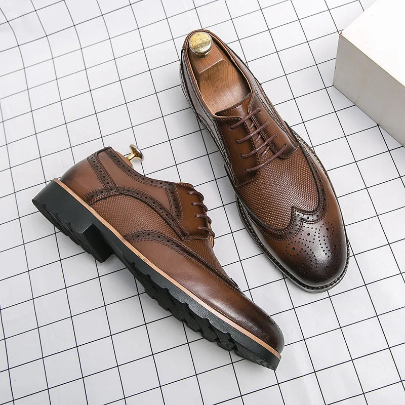 Ansoff men's handmade Oxford wingtip leather brogue dress shoes in classic black calfskin for formal business wear.