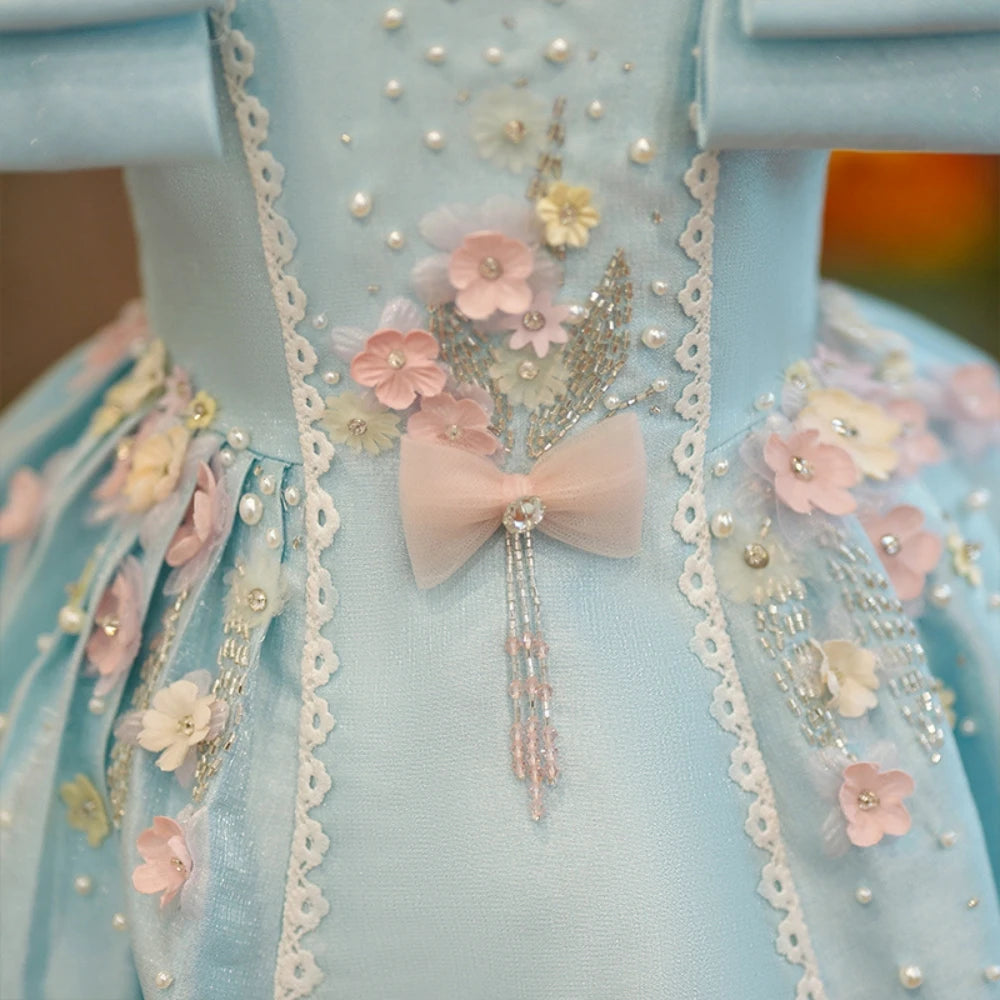 Light blue square neck puff sleeve A-line dress for girls by Ansoff, featuring charming beads, perfect for performances and birthdays.