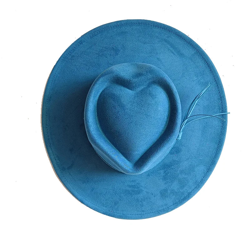 Dark turquoise suede fedora hat with heart and arrow embroidery, stylish men's and women's autumn winter felt jazz hat by Ansoff.