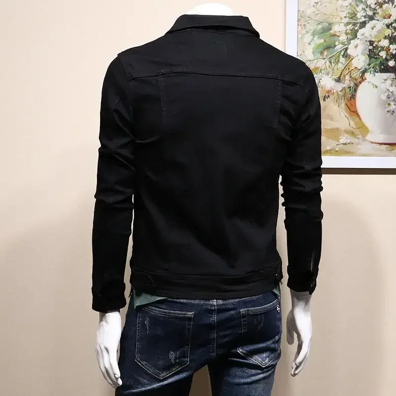 Ansoff men's black denim jacket with button closure, slim fit style, suitable for autumn and winter, high-quality outerwear.
