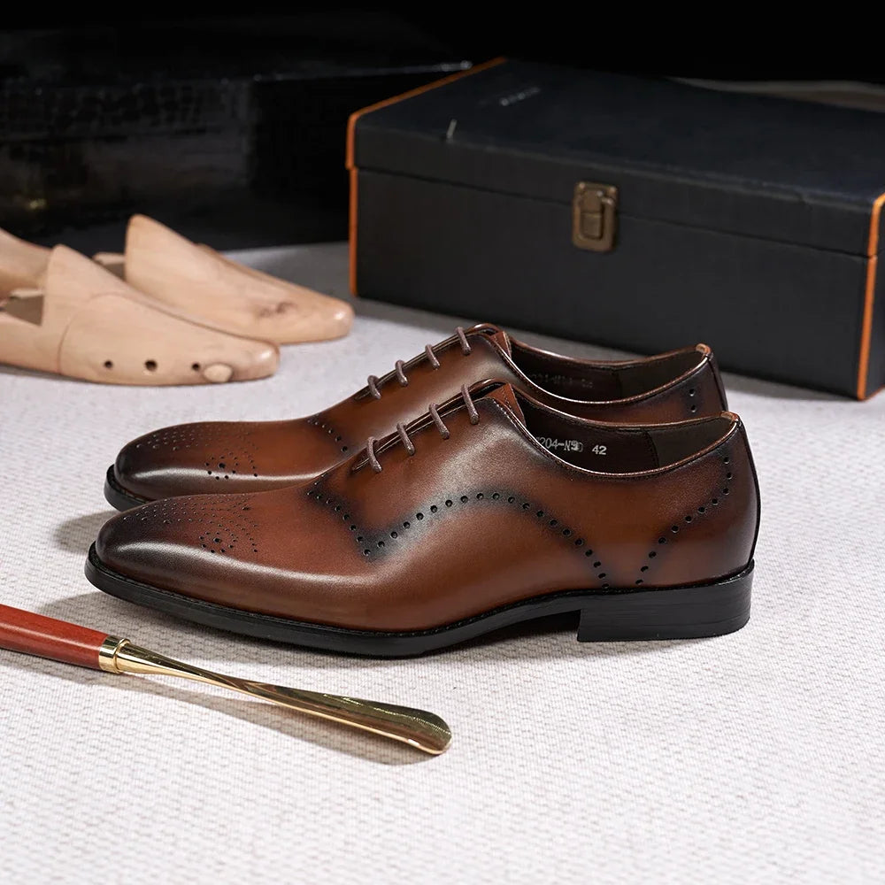 Ansoff men's Italian brogue oxford dress shoes in genuine leather with lace-up design, ideal for formal events and office wear.