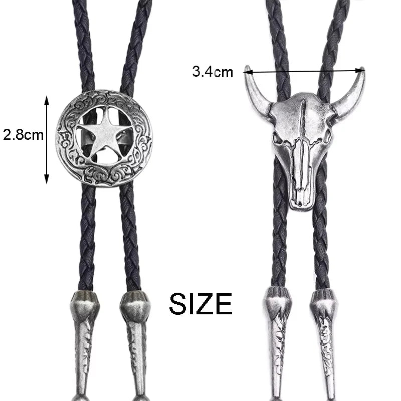 Adjustable Bull Head Five Stars Western Cowboy Bolo Tie Rodeo Dance Necktie Faux Leather Pendant Necklace