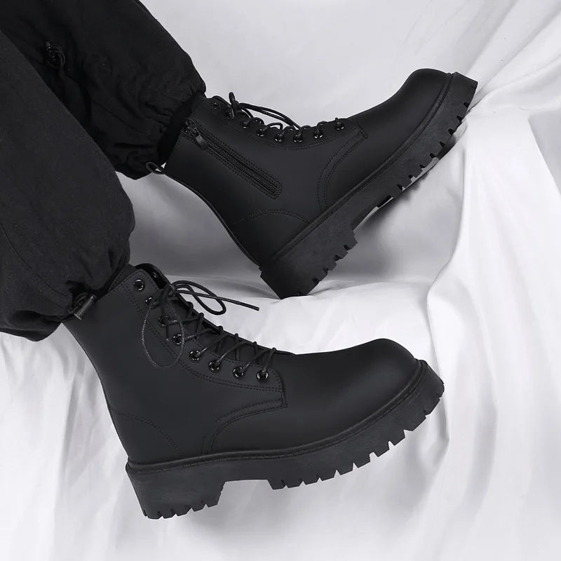 Black leather men's high top platform motorcycle boots with lace-up design, waterproof and casual British style by Ansoff