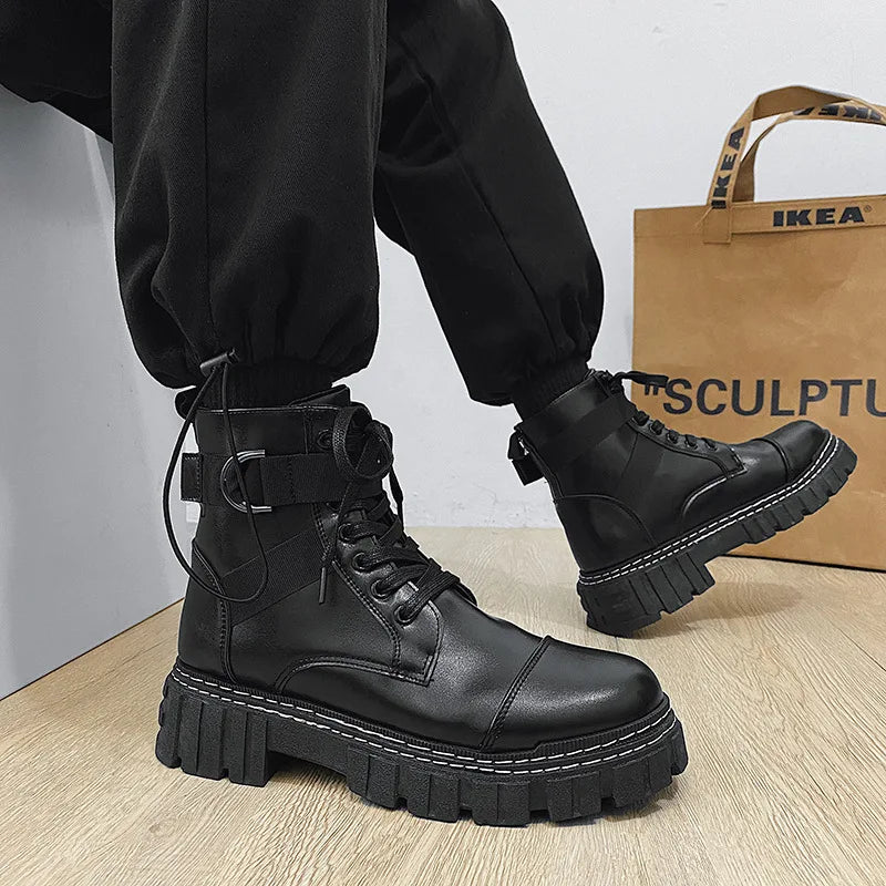 Men's black leather high-top British fashion work boots by Ansoff featuring durable design and stylish locomotive-inspired details.