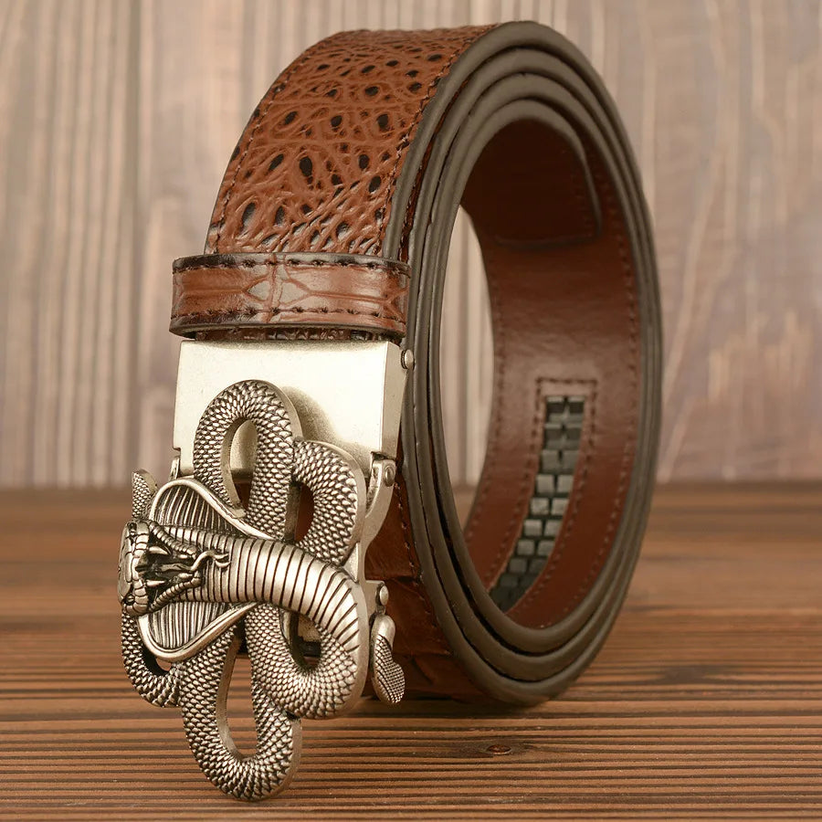 Black genuine leather men's belt with 3.8cm width, automatic buckle and carved cow design, by Ansoff for casual or jeans wear.