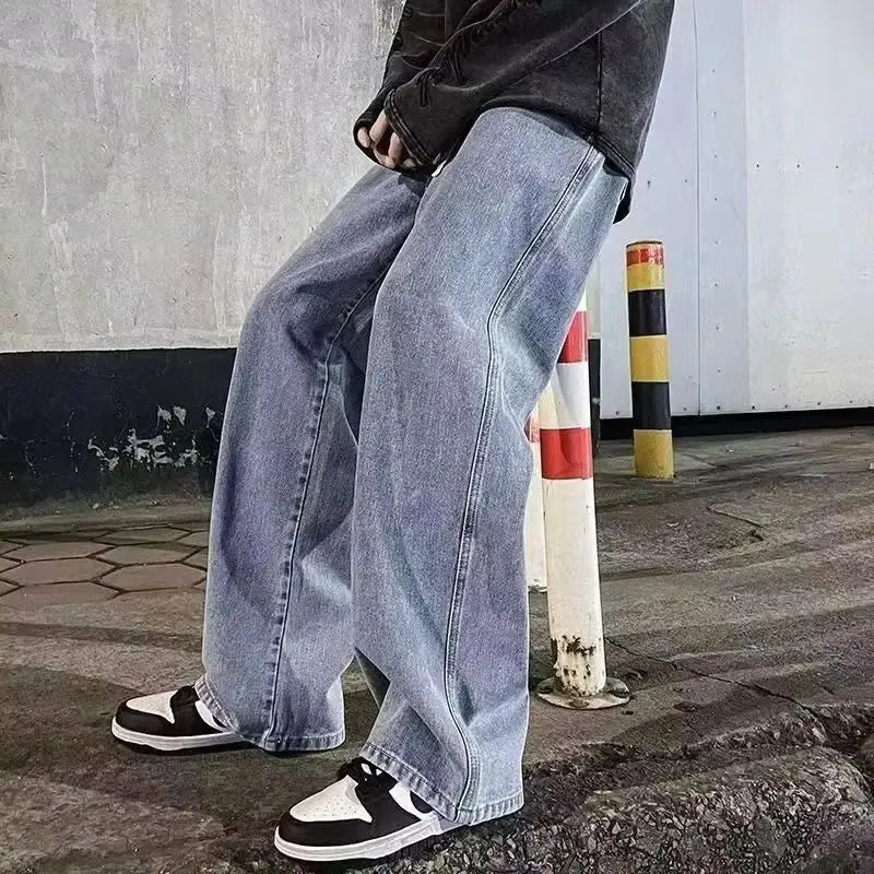 Ansoff men's streetwear loose jeans in black and light blue, featuring straight wide-leg style and casual Korean fashion design.