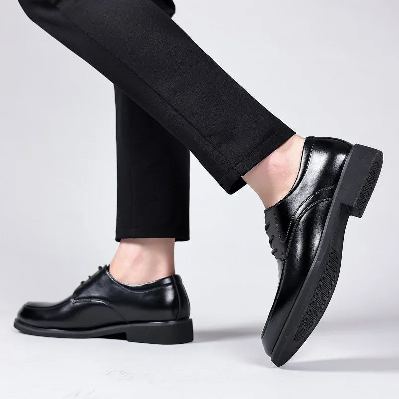 Men's Genuine Leather Shoes Summer Business Casual Wedding Low Top round Toe Rubber Outsole Anti-Slip Lace-Up Boots