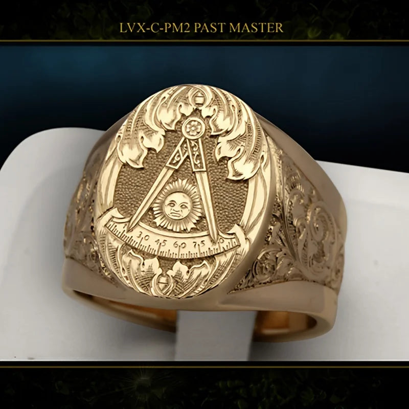 Fashion Carving Sun Pattern Mason Retro Ring for Men 18K Gold Plated Carving Seal Rings Punk Party Handmade Jewelry