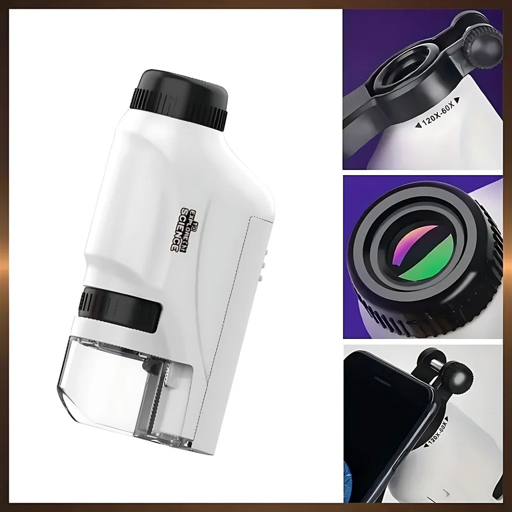 Ansoff handheld microscope with 60-120x magnification, LED light, battery-powered, suitable for kids’ science exploration.