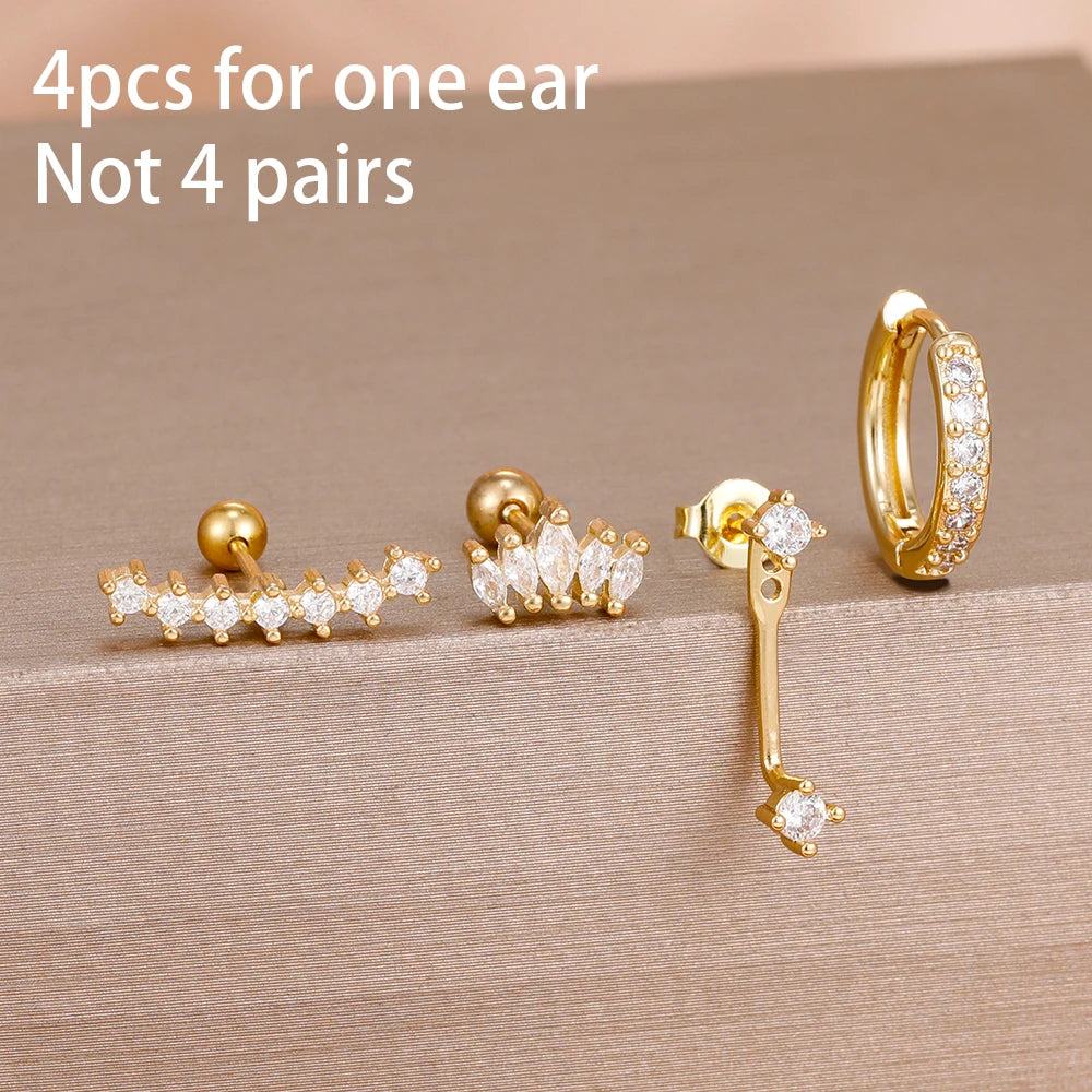 4PCS Stainless Steel Circle Huggie Hoop Earrings Set for Women Gold Color Unique Zircon Flower Stud Earring Piercing Jewelry