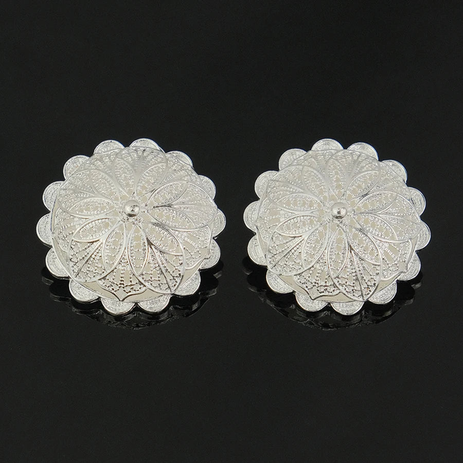 Elegant Silver Filigree Flower Jewelry Set Round Pendant Necklace Stud Earrings Bangle Silver Plated Dubai Style Bridal Wedding