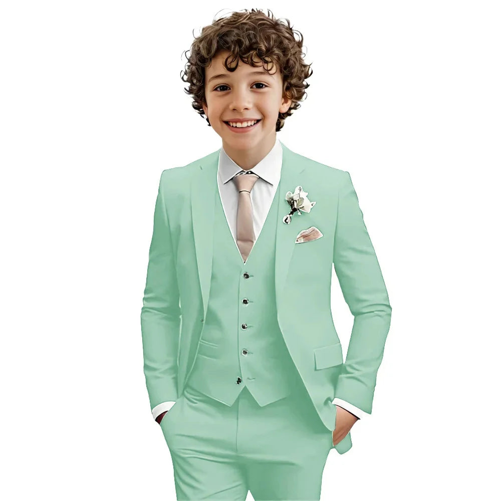 Multi-color boys suit set by Ansoff, 3-piece formal outfit with notched lapel, slim fit tuxedo for kids' wedding or party occasions.