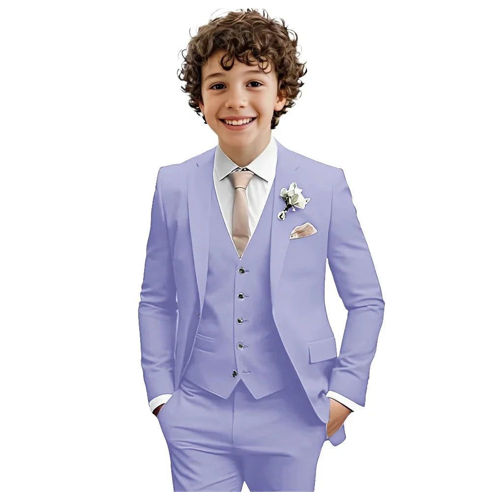 Multi-color boys' 3-piece formal suit set by Ansoff with slim fit, notched lapel, suitable for weddings and parties for ages 2-20T.