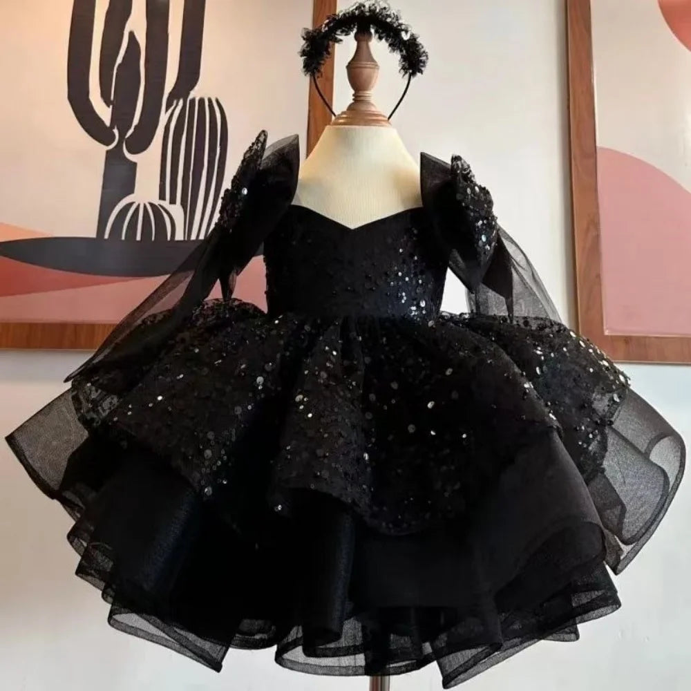 Girls sequined princess dress by Ansoff with V-neck, bow shoulder details, layered tulle skirt, perfect for formal parties