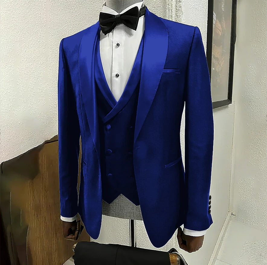 Men's black 3-piece tuxedo with shawl lapel, one-button jacket, slim fit, suitable for wedding, formal event, or party by Ansoff.