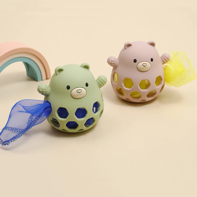 Ansoff baby silicone teether featuring a BPA-free cartoon bear design, ideal for newborns to soothe and chew.