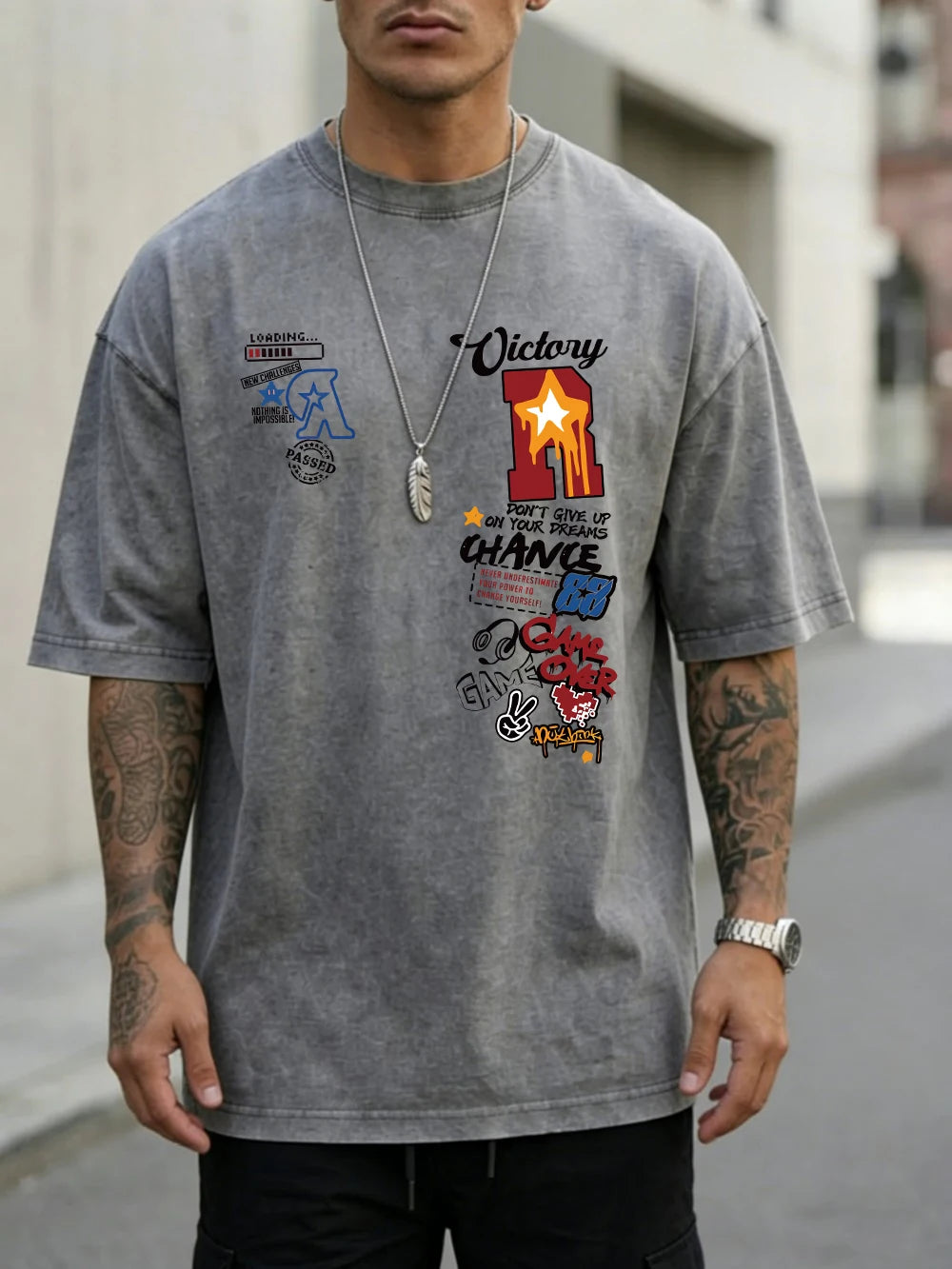 Mens oversized cotton sports letter jersey print T-shirt with washed finish, casual short sleeve O-neck top for summer by Ansoff