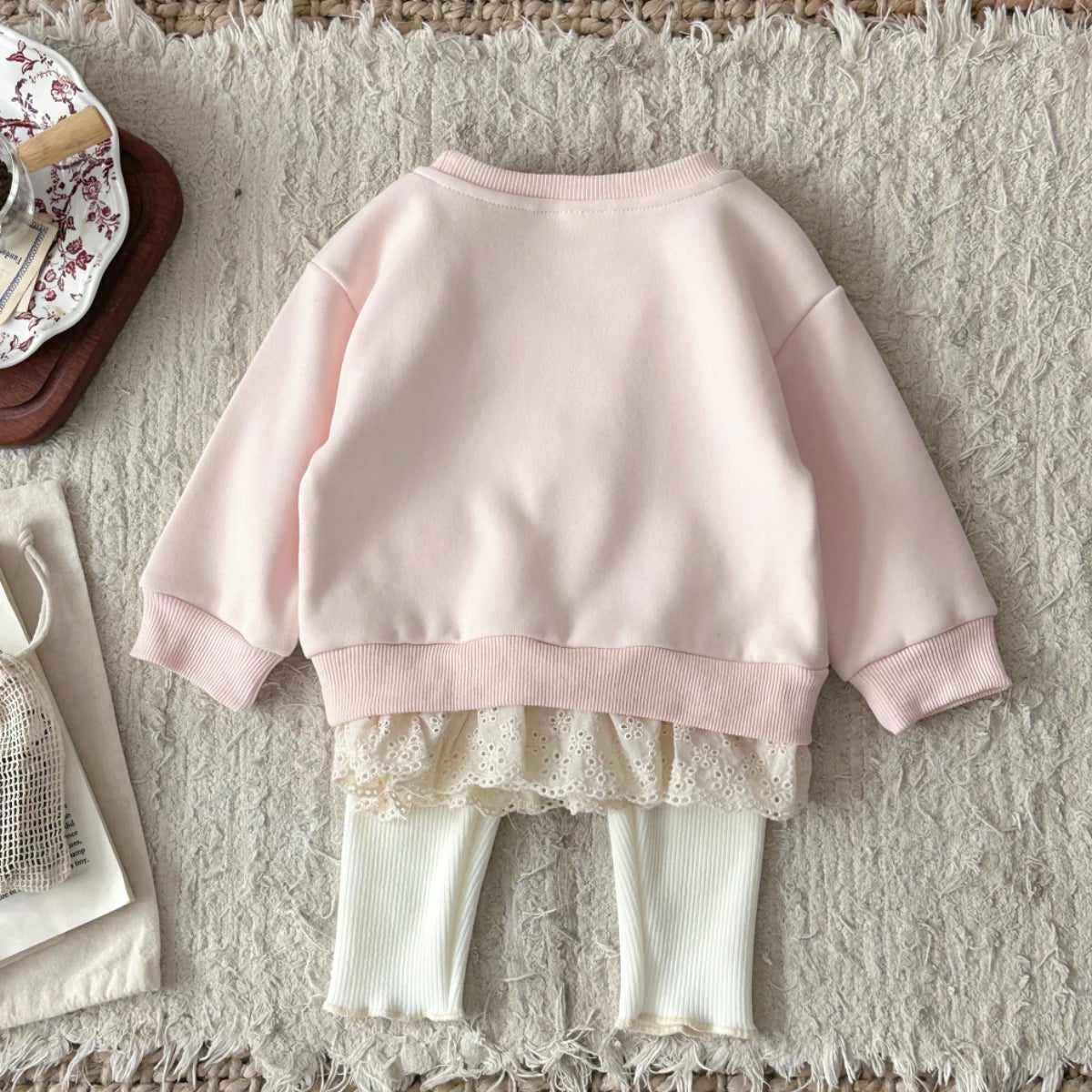 Cotton Baby Girl Clothing Bow Decoration Lace Hem Sweatshirt Elastic Waistband Pants Clothes Fall Outfits Baby Clothes for Newbo
