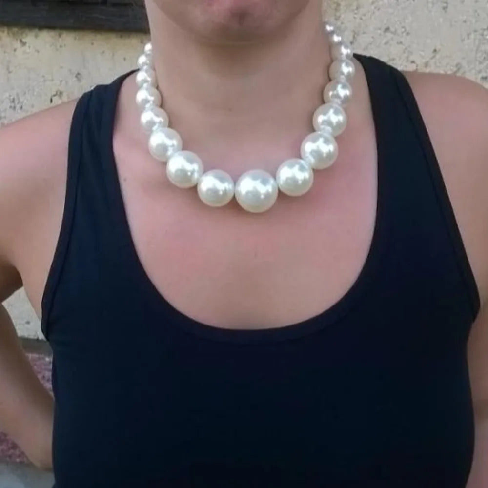 Fashion Elegant Large Pearl Necklace Set 42cm Length Round Big Ball Beads Chain Choker with Earrings Luxury Neck Jewelry Party