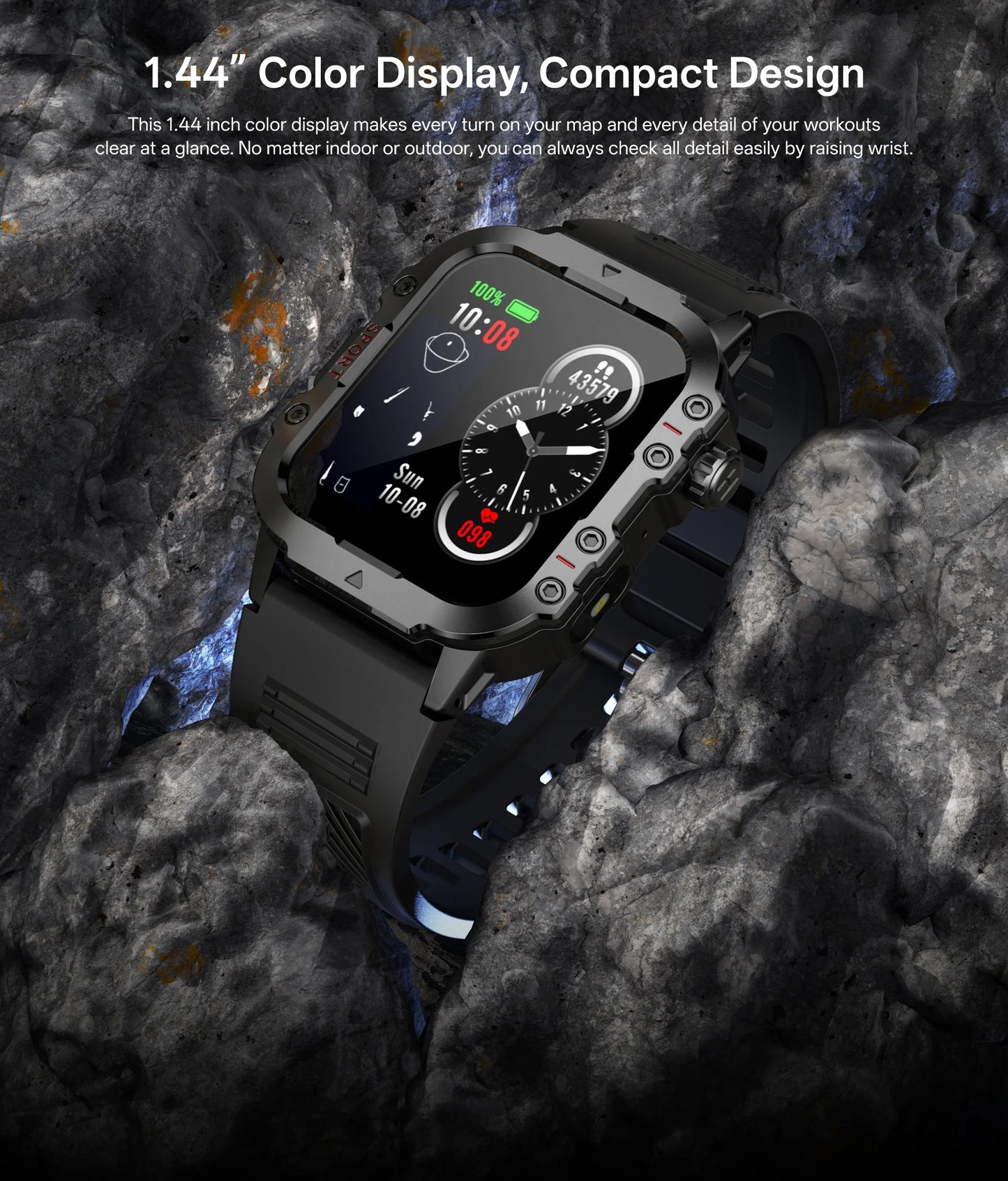 Ansoff Xiaomi Military Smart Watch for men with 1.44-inch display, IP67 waterproof, outdoor sports and fitness tracking.