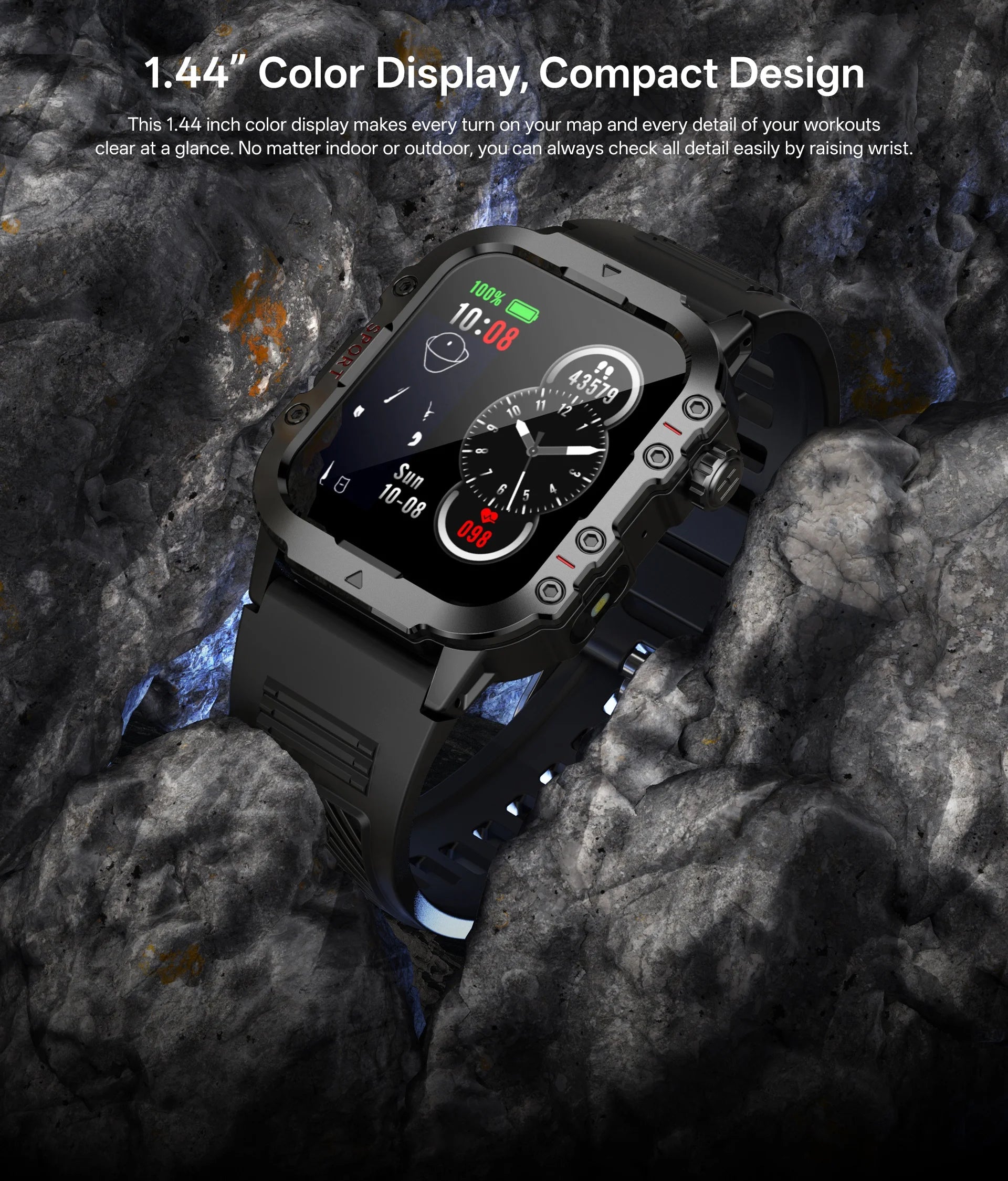 Ansoff Xiaomi Military Smart Watch for men with 1.44-inch display, IP67 waterproof, outdoor sports and fitness tracking.