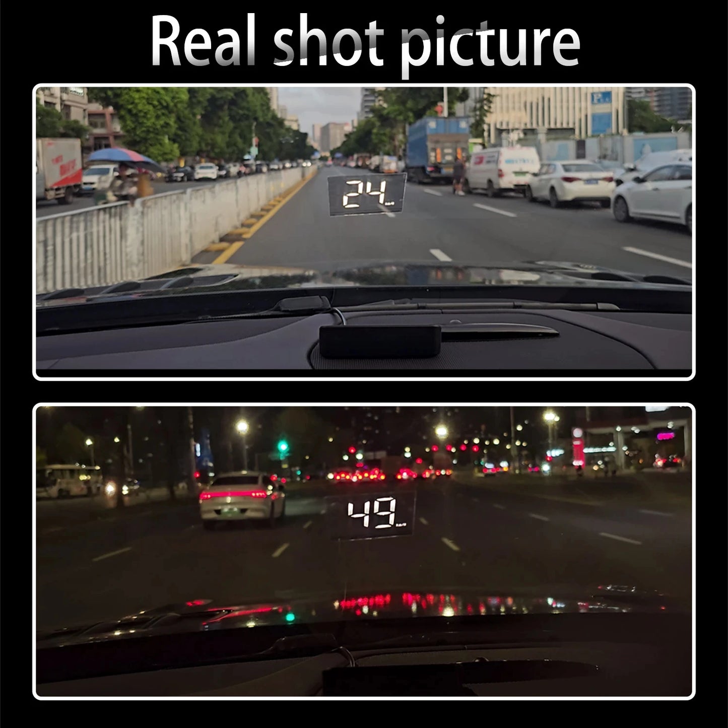 Ansoff HD Car Head Up Display M2 showing digital speedometer with GPS, KM/H readings on a windshield projector for vehicles.