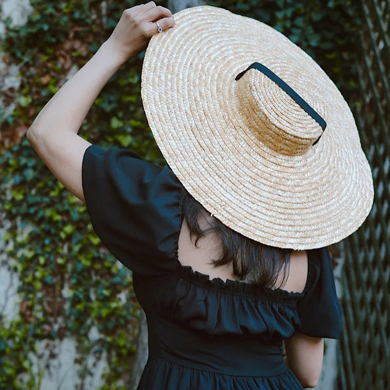 Summer Big Natural Straw Hats For Women Handmand Wide Brim Beach Visor Caps Elegant Flat Top Long Ribbon Lace-Up Sun Hat
