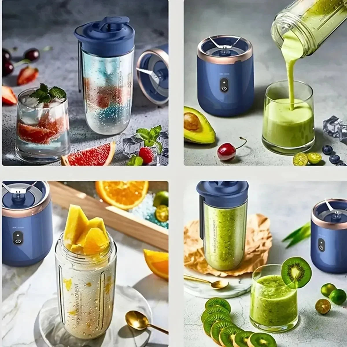 Ansoff portable USB blender and travel juicer cup in six colors, 400ml capacity, ideal for smoothies and milkshakes on the go.