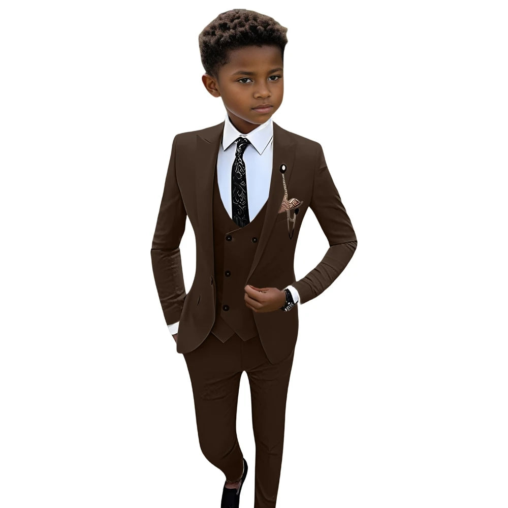 Children's brown tuxedo set by Ansoff, includes one-button suit, vest, shirt, and pants for boys aged 3-14 for weddings or parties.
