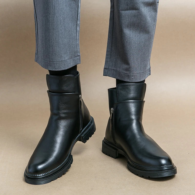 Round Toe Shoes Men's High Top Footwear Classic Retro Leather Chelsea Boots Side Zipper Fashion Ankle Boots Male Business Shoes - Acros