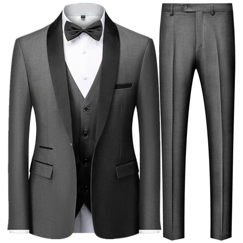 Black men's autumn wedding suit set including blazer, vest, and pants, featuring a slim fit design by Ansoff.