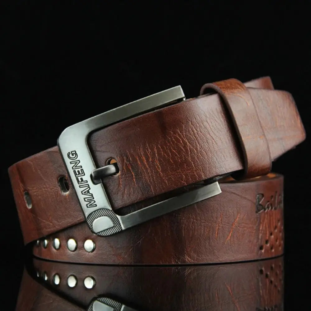Ansoff men's leather belt with classic buckle, vintage cowboy style, high-quality alloy waist belt for business and casual wear.