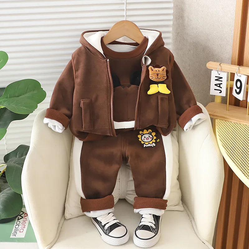 Baby Animal Clothes Sets For Boys Baby Outfits Children Boys Cartoon Lion Hooded Jacket+Top+Pants 3Pcs Set Infant Kid Tracksuits