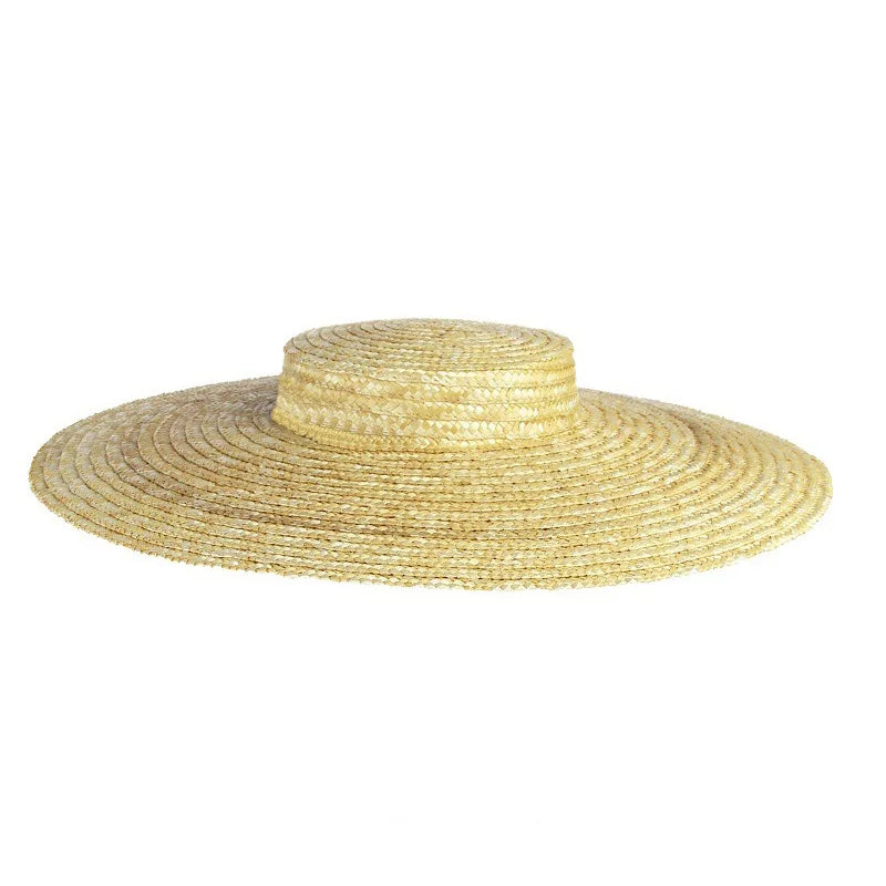 Summer Big Natural Straw Hats For Women Handmand Wide Brim Beach Visor Caps Elegant Flat Top Long Ribbon Lace-Up Sun Hat