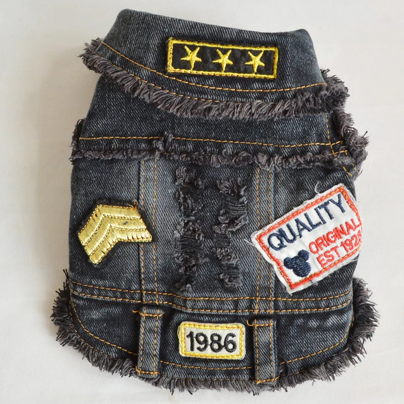 Durable Dog Jean Jacket with Letters Embroidered, Cooling Summer Clothes for Small Dogs, Puppy Costume Black Blue XS - XXL