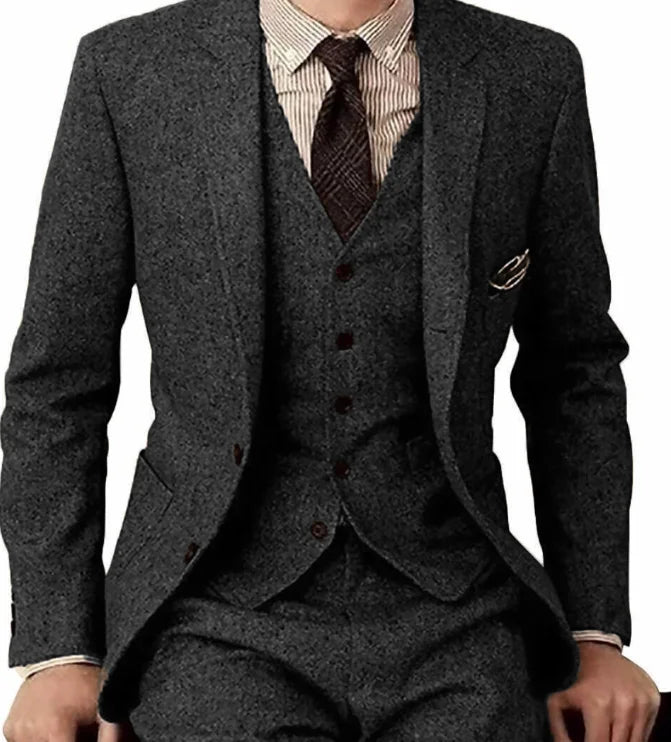Brown Tweed Men Suits 3 Pieces Formal Business Suit Set Custom Gentle-Mens Groom Wedding Dress Blazer Suits(Jacket+Pants+Vest)