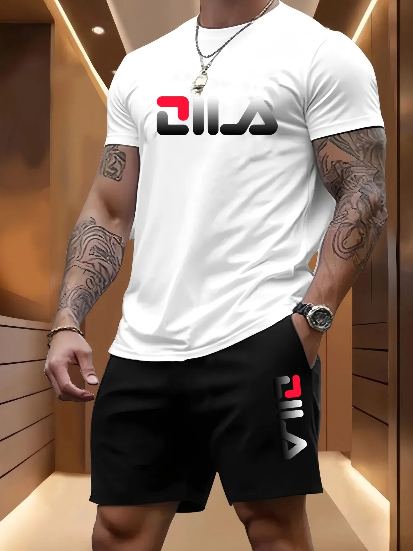 Men's summer beach sports suit by Ansoff featuring a casual two-piece set with a loose t-shirt and shorts for outdoor basketball and beach activities.