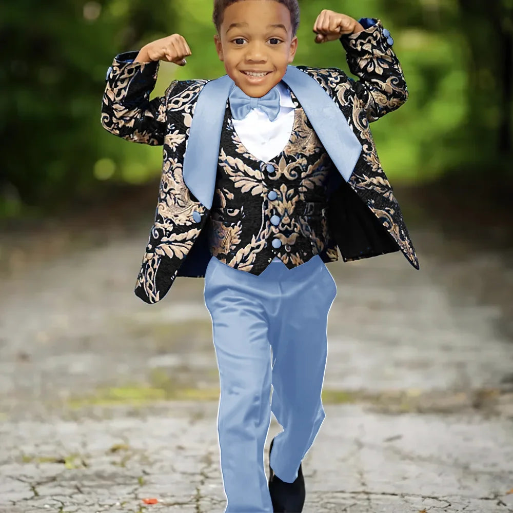 Boy dressed in slim fit Jacquard 3-piece tuxedo suit by Ansoff, ideal for weddings and celebrations, front view.