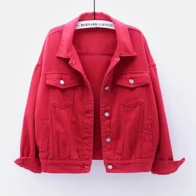 Ansoff classic denim jacket for women, oversized boyfriend style in purple, white, and yellow denim, casual loose coat for women.