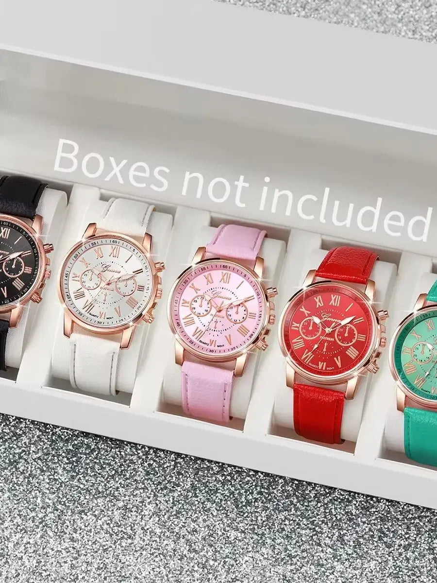 5PCS Women's Watches Fashion Roma Dial Leather Band Quartz Watch (Without Box) - Acros