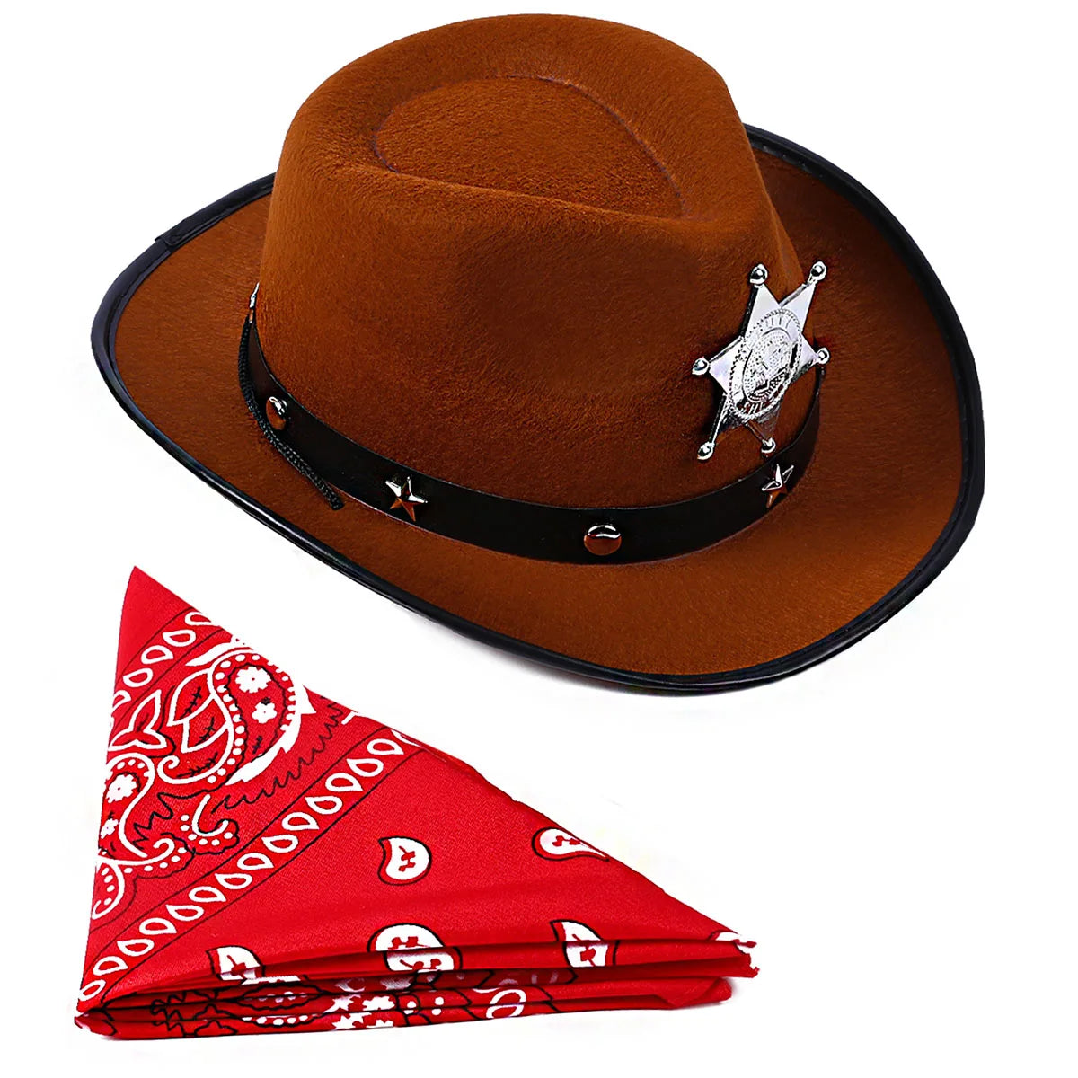 Toddler boys Western cowboy brown felt hat with bandanna, suitable for cowgirl costume, Halloween, or Western-themed dress-up.